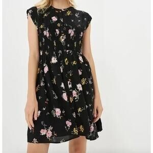 Free People Greatest Day Mini Dress Smocked Cap Sleeve Floral Black Medium